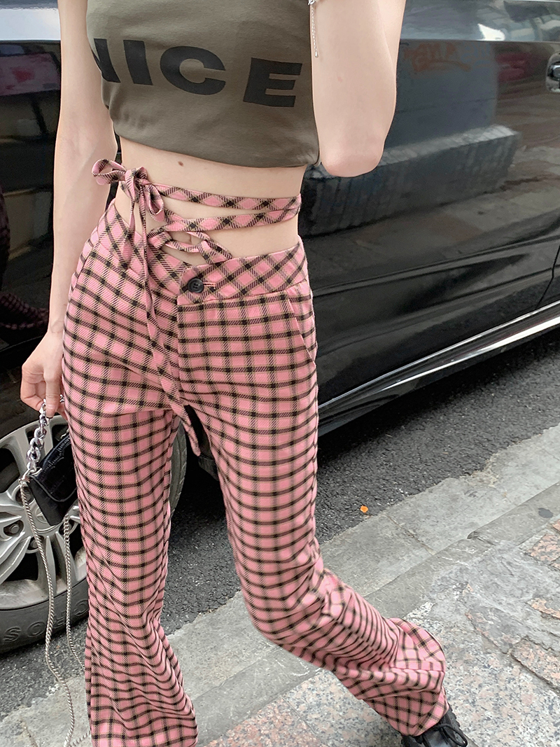 Pink plaid pants women's design niche high-waisted floor-length pants summer hot girls micro-flared pants long trousers trendy