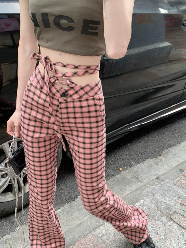 Pink plaid pants women's design niche high-waisted floor-length pants summer hot girls micro-flared pants long trousers trendy