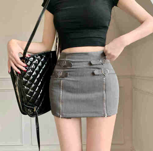 Real shot of sweet and spicy style personalized double zipper hip skirt with slits, slimming design and tight skirt