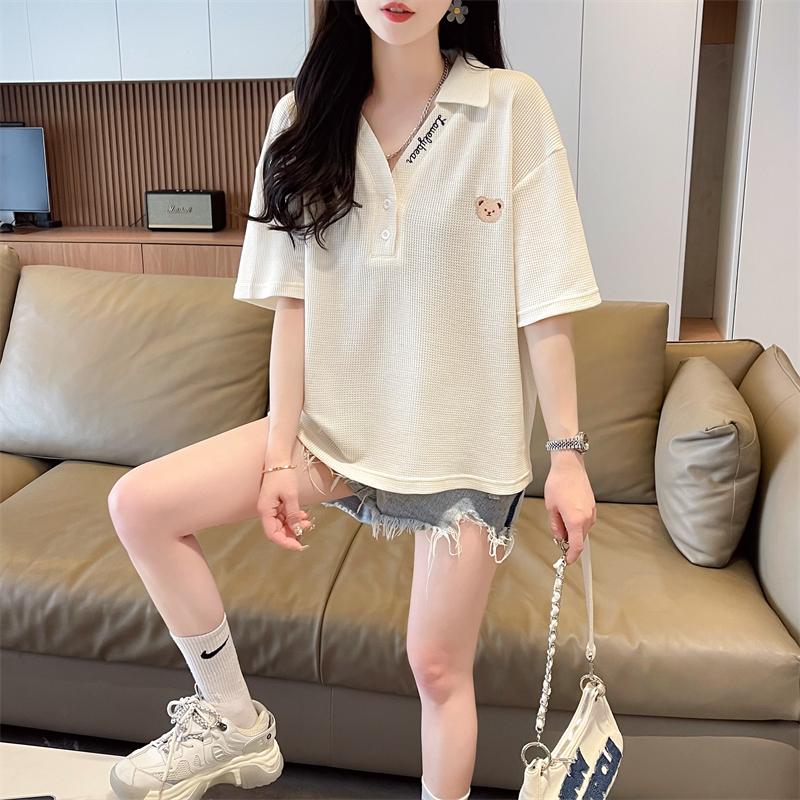 Real shot waffle short-sleeved t-shirt for women retro chic Hong Kong style half-sleeved design niche summer loose polo shirt
