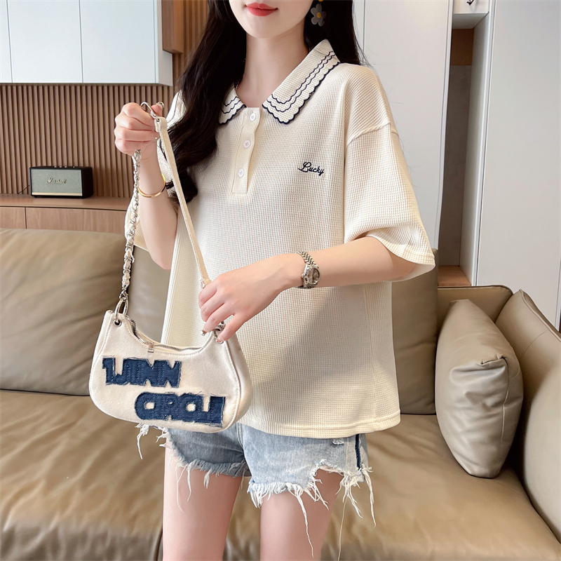 Real shot waffle short-sleeved t-shirt for women retro chic Hong Kong style half-sleeved design niche summer loose polo shirt