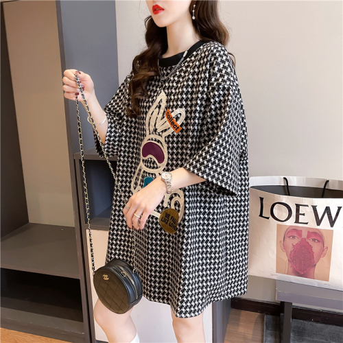 Real shot summer Korean style loose round neck plaid cartoon print top mid-length large size short-sleeved T-shirt for women