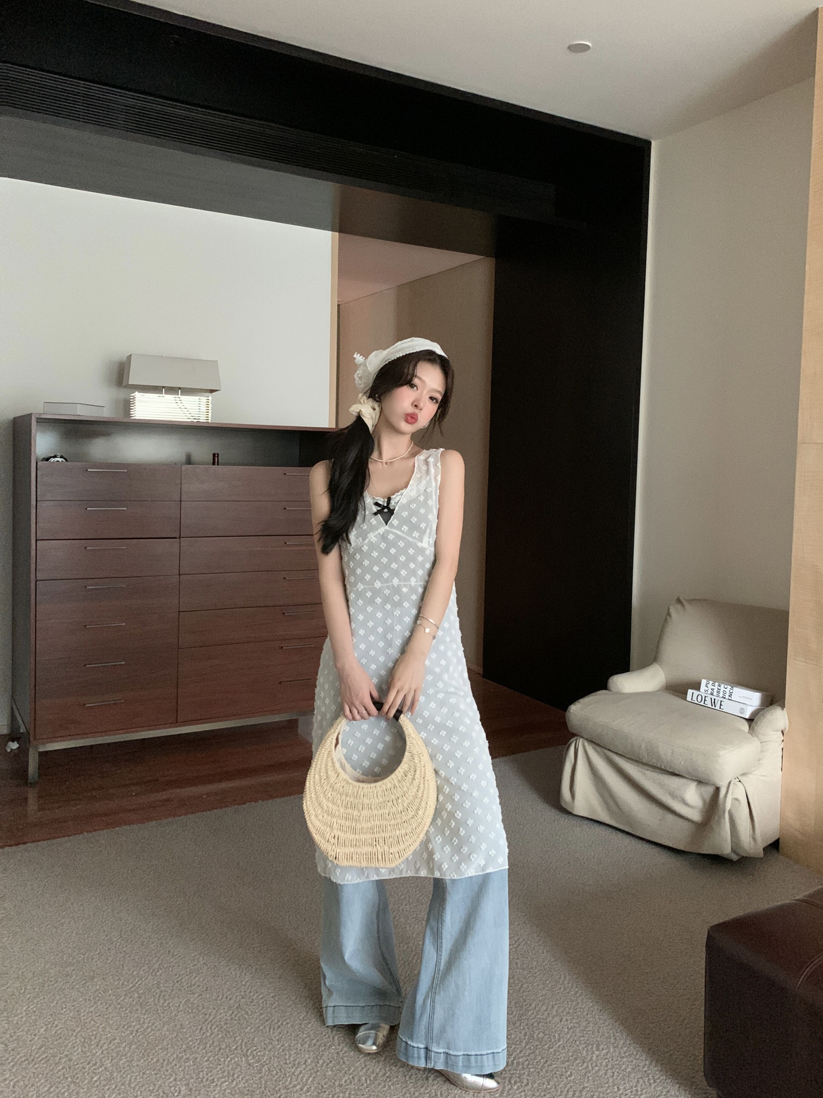 Actual shot of Korean style V-neck three-dimensional crochet pattern overlay see-through thin dress + gray bottoming suspenders