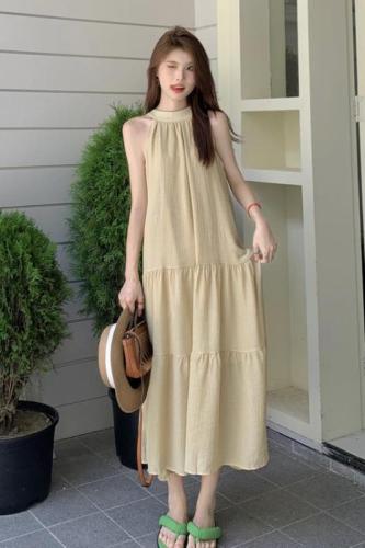 Summer French resort style high-end halter skirt gentle wind chiffon A-line long dress real shot