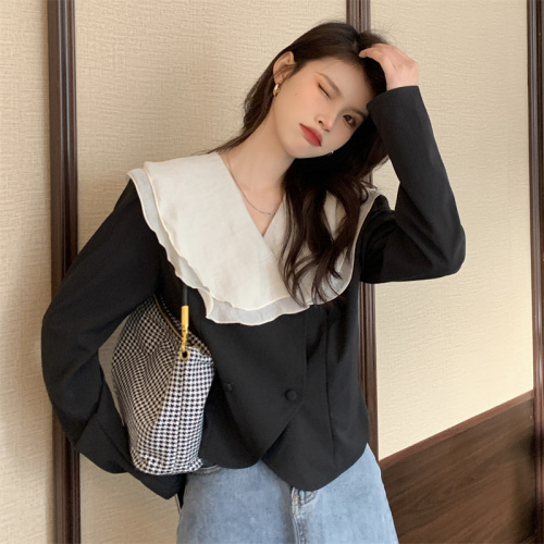 Spring new style large lapel double-breasted waist-cinching temperament goddess long-sleeved shirt top real shot