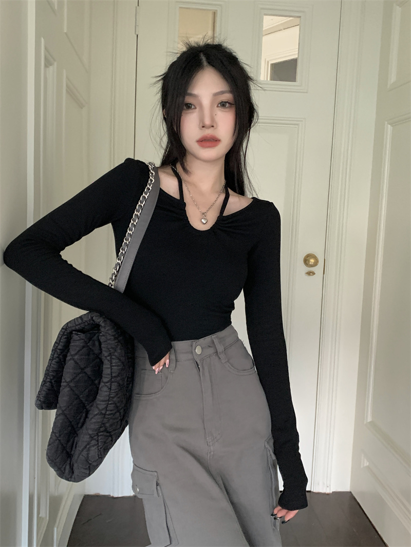 已出貨 黑色掛脖v領長袖T恤女裝春季新款純欲修身顯瘦短款上衣