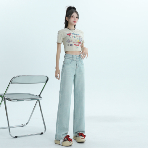 Actual shot of 2024 spring and summer new jeans women's niche design high-waisted loose straight pants