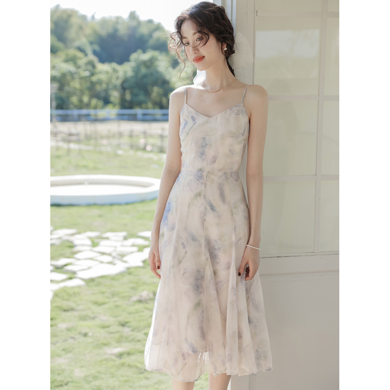Not less than 99 real shot ink printed suspender dress new fairy skirt slim chiffon skirt