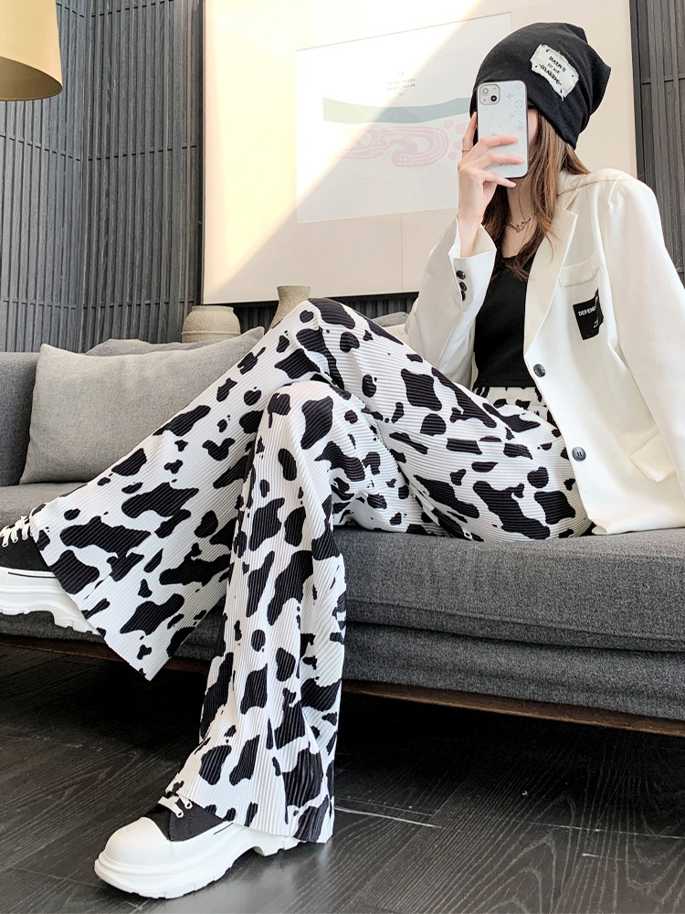 Cow Ice Silk Pleated Wide Leg Pants Women's Summer Thin 2024 New High Waist Drape Loose Casual Floor-Mopping Pants