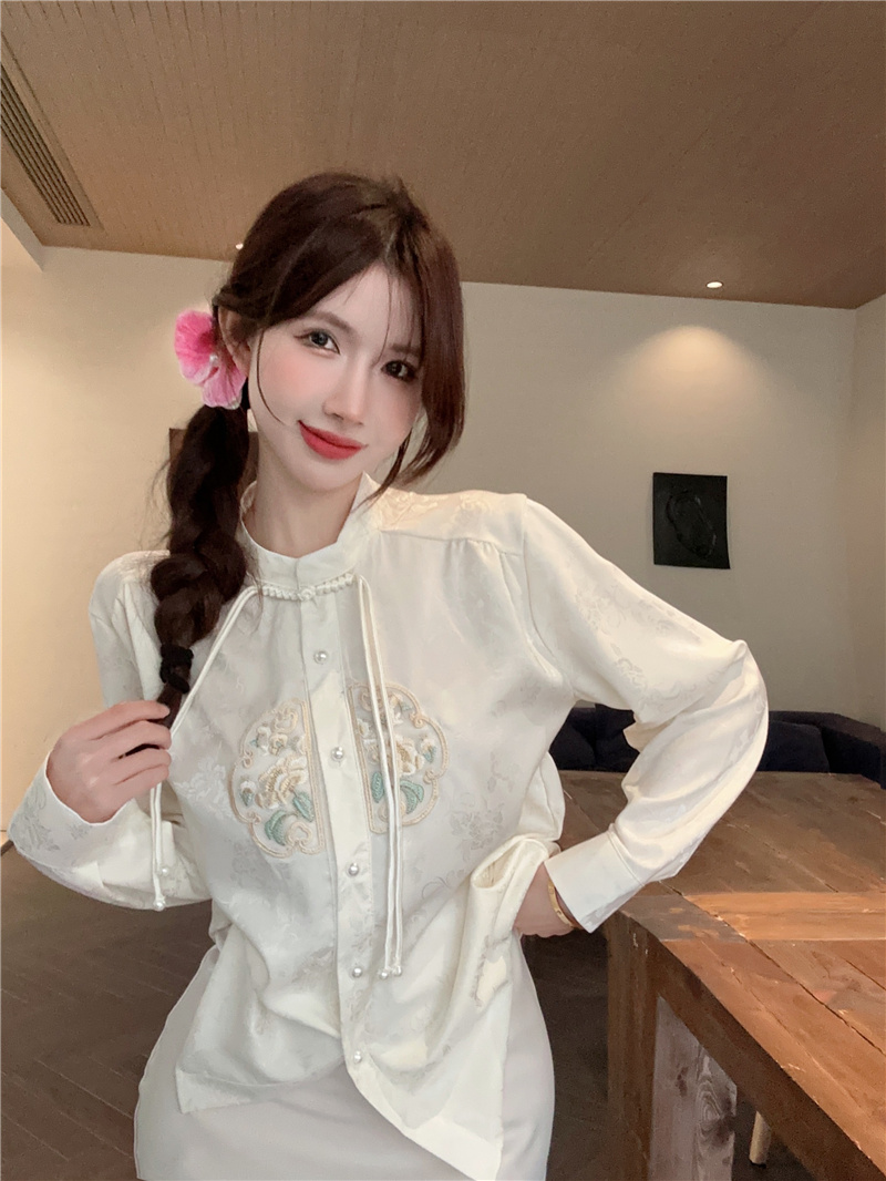 實拍~2024春新款新中式國風盤扣設計感修身顯瘦立領長袖襯衫