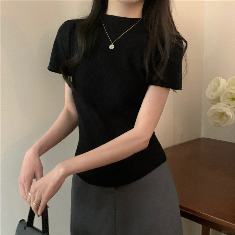 Real shot Summer new half turtleneck pleated design knitted sweater short-sleeved top