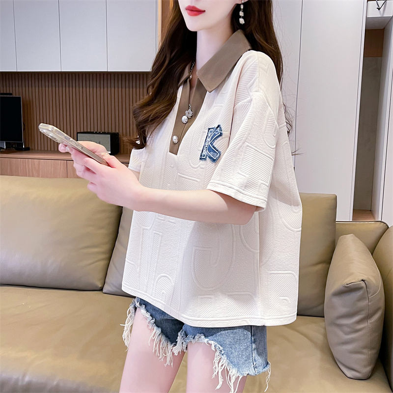 Real shot waffle short-sleeved t-shirt for women retro chic Hong Kong style half-sleeved design niche summer loose polo shirt