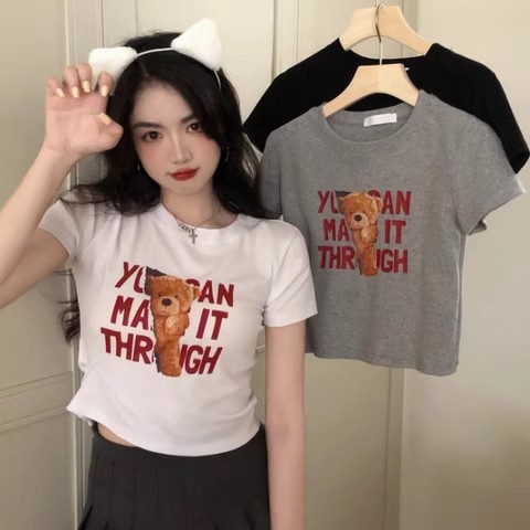2024 summer new Korean style letter bear print short-sleeved T-shirt women's slim crop top