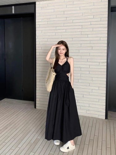 Chenmi Fan Temperament suspender dress waist skirt women's new design waist-exposing black large swing skirt long skirt