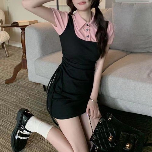 Fake two-piece polo collar college style dress summer new Korean version sweet and spicy style slim fit hip skirt