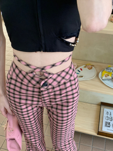 Pink plaid pants women's design niche high-waisted floor-length pants summer hot girls micro-flared pants long trousers trendy