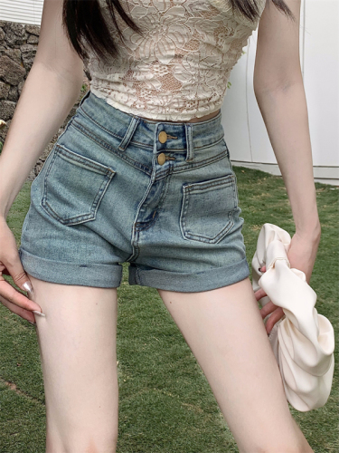 Actual shot of new stretch high-waisted A-line hemmed denim shorts hot pants jeans for women