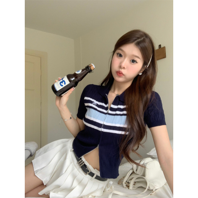 新款polo領短袖女學院風半拉鏈修身正肩短款針織衫上衣