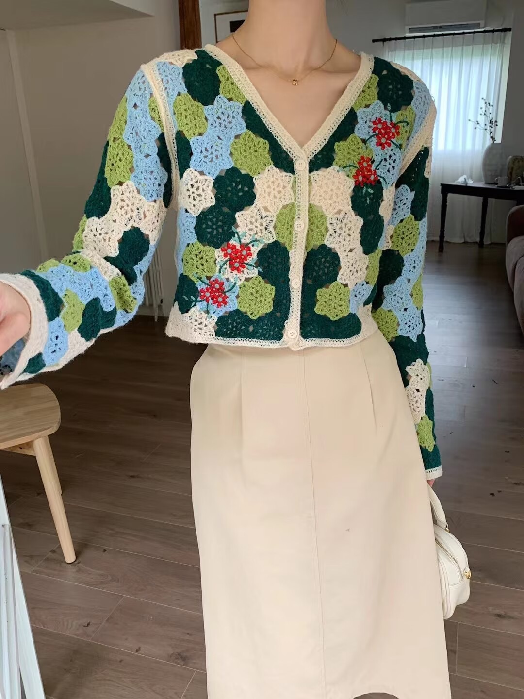 Embroidered short sweater for women in spring and autumn V-neck hollow crochet Korean version niche unique foreign style versatile cardigan
