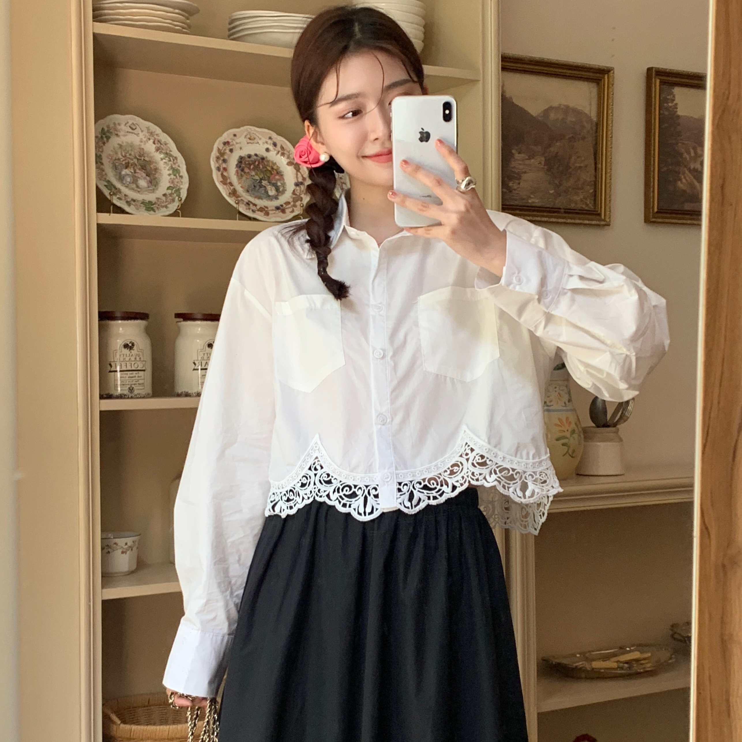 Real shot simple lace stitching solid color shirt