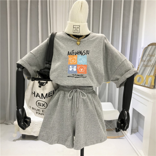 Lazy style cartoon sportswear suit for women summer 2024 new casual short-sleeved shorts women's two-piece set