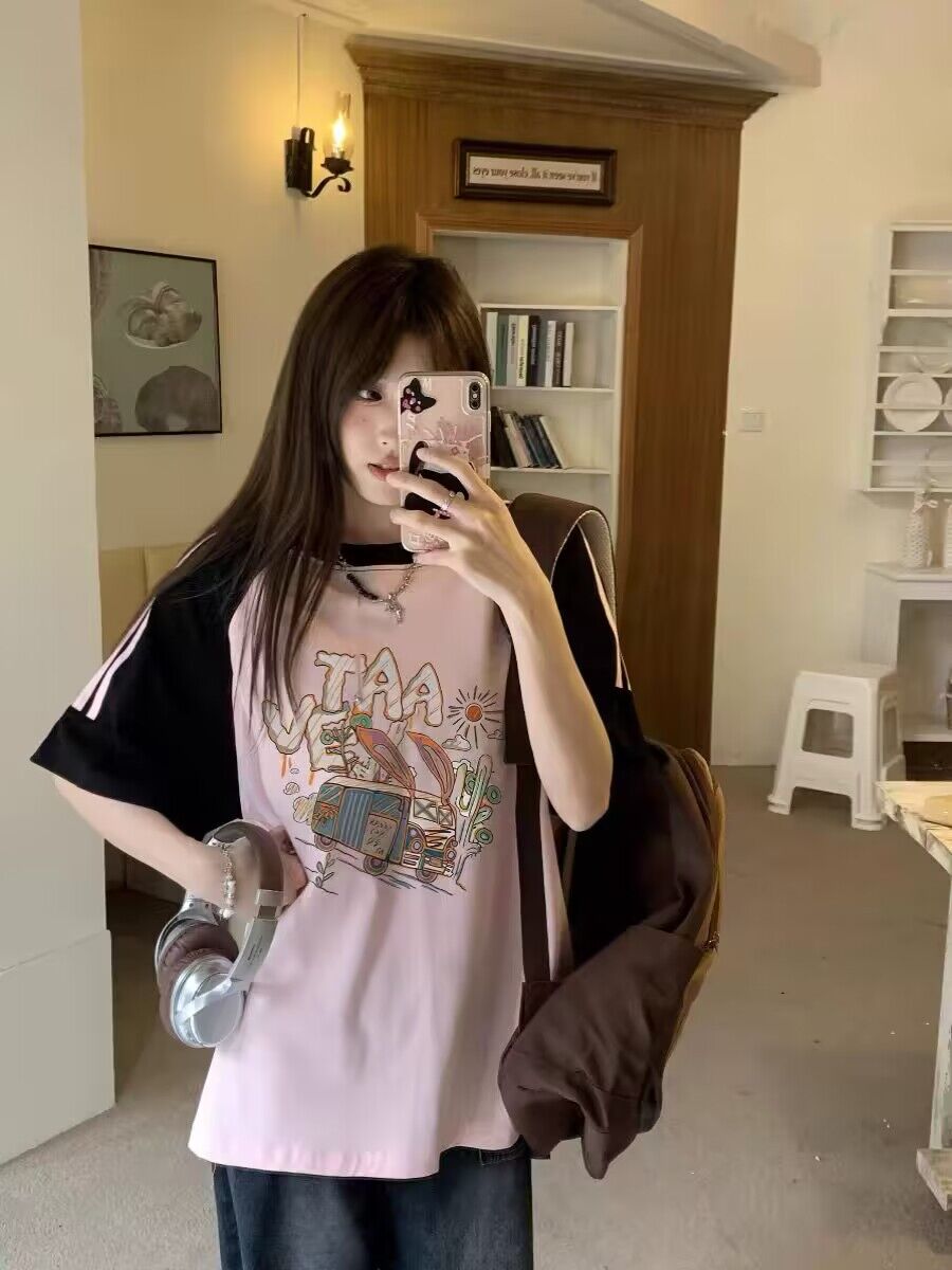 純棉200克21支精梳精密前 印花拼色三條槓落肩短袖t恤女
