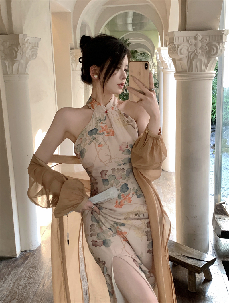 實拍新中式禪意掛脖收腰修身顯瘦開叉旗袍長裙復古防曬長開衫