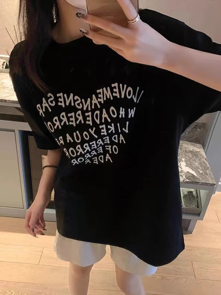 Printed round neck short-sleeved T-shirt for women spring and summer new Hong Kong style loose slimming casual versatile top