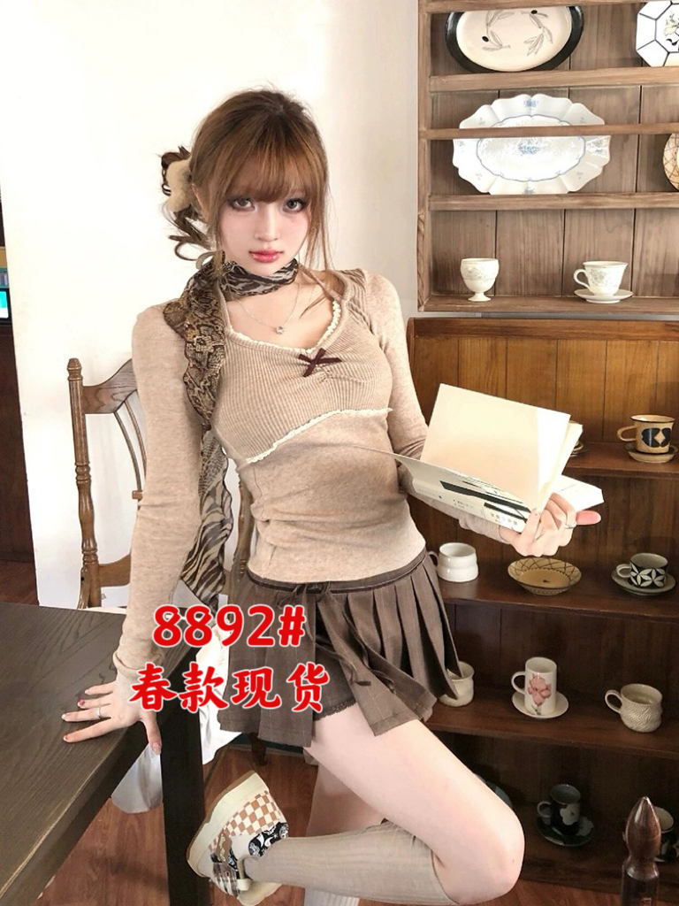 TIDE STUDIOS American hot girl long-sleeved bottoming shirt for women spring design waist lace halter top