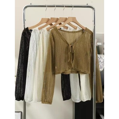 Retro design long-sleeved knitted cardigan for women thin autumn hollow lace loose short outer blouse jacket