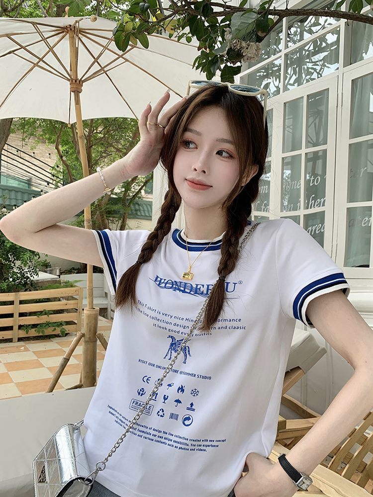 純棉撞色字母印花正肩短袖T恤女夏季設計感顯瘦短款韓版上衣