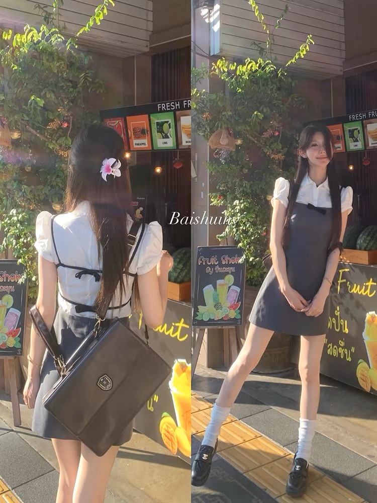 白水女韓漫學姐吊帶連衣裙女學院風襯衫蝴蝶結花邊拼接套裝裙