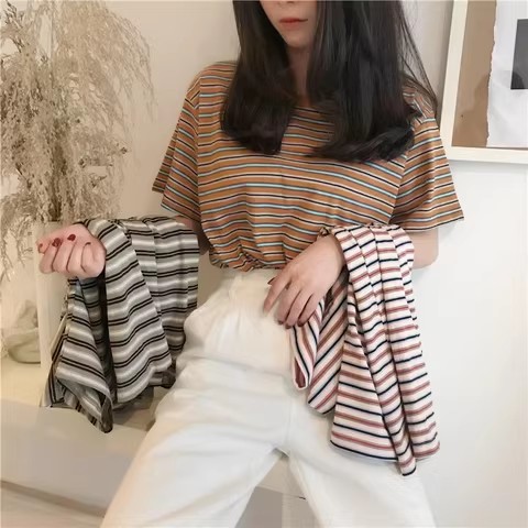2024 summer new style striped short-sleeved T-shirt women's Korean style bottoming shirt women's student tops women's clothing