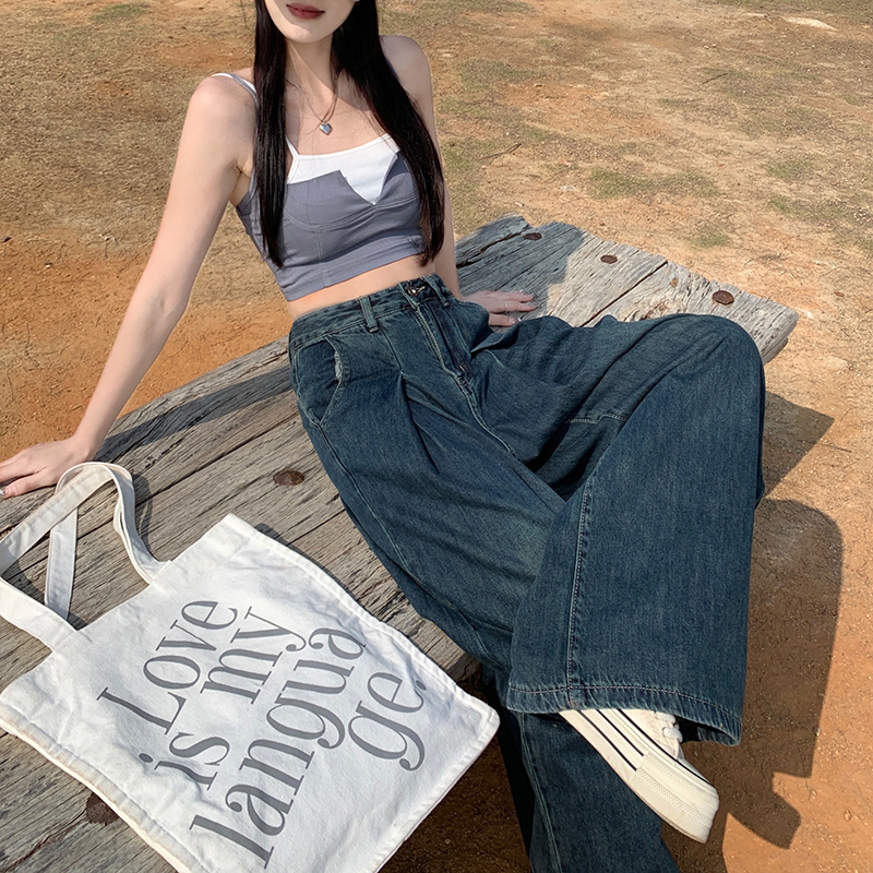實拍高質量褶皺藍灰牛仔闊腿褲女高腰寬鬆顯瘦設計感闊腿拖地褲