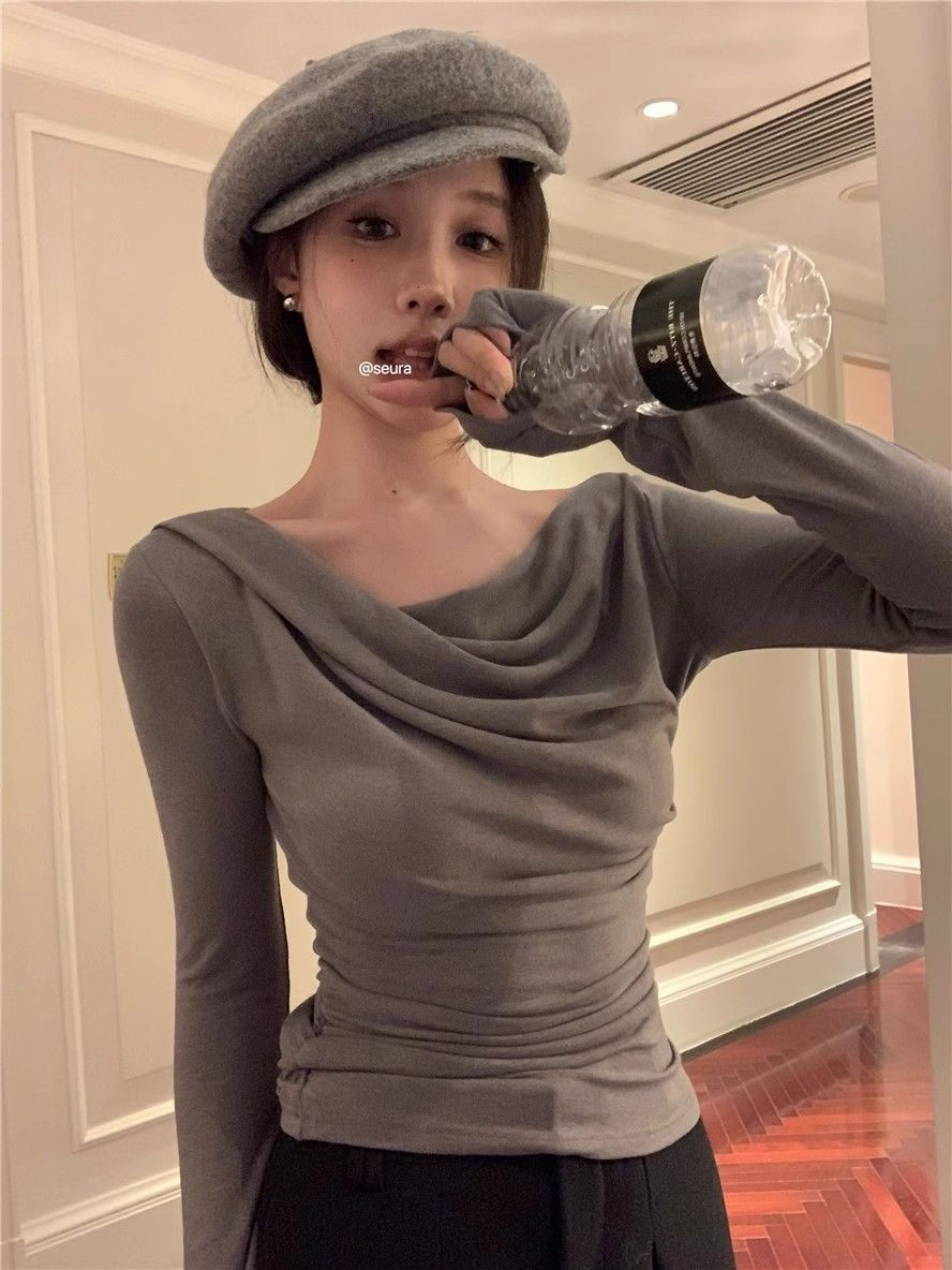 已出貨 韓版純欲秋季V領露肩長袖T恤女修身短款顯瘦上衣