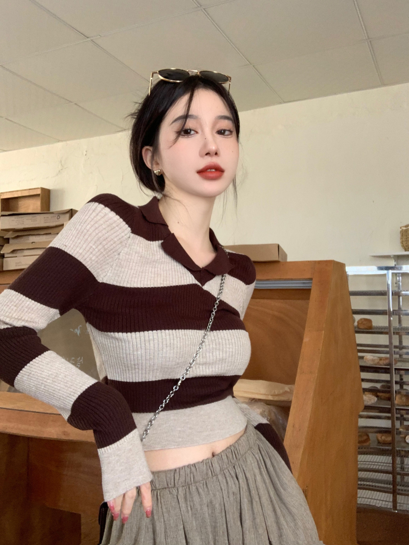 復古條紋長袖針織衫女裝秋季2024新款polo領修身撞色套頭打底上衣