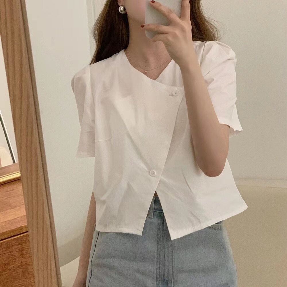 法式斜扣氣質短袖襯衫女韓版chic夏季簡約顯瘦百搭小眾設計感上衣