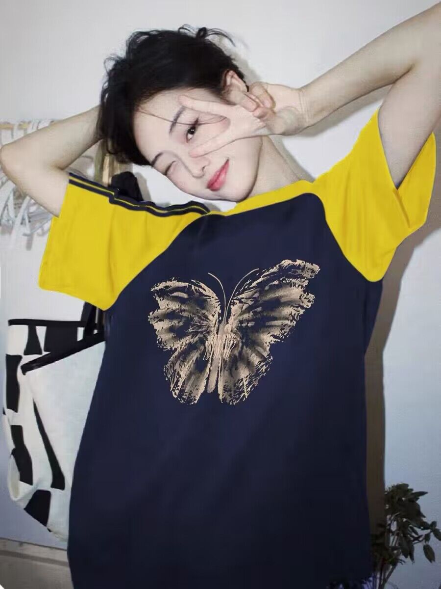 純棉200克21支精梳精密前 印花拼色三條槓落肩短袖t恤女