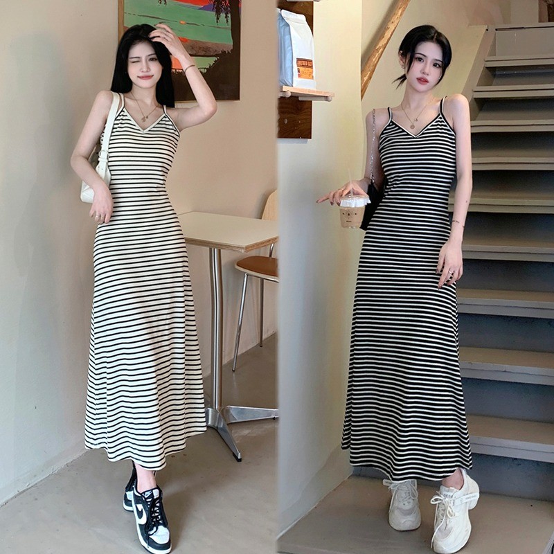 韓風V領黑白條紋針織吊帶長裙女夏A字大擺無袖打底內搭chic連衣裙