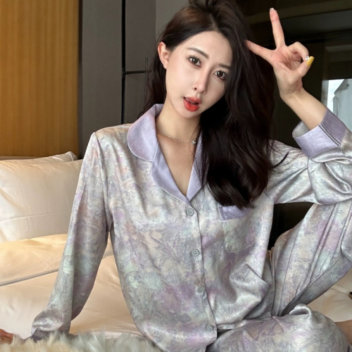 Xiaohongshu Light Luxurious National Style Pajamas for Women Spring and Autumn Long Sleeve Ice Silk Twill Jacquard Contrast Flower Print Home Clothes