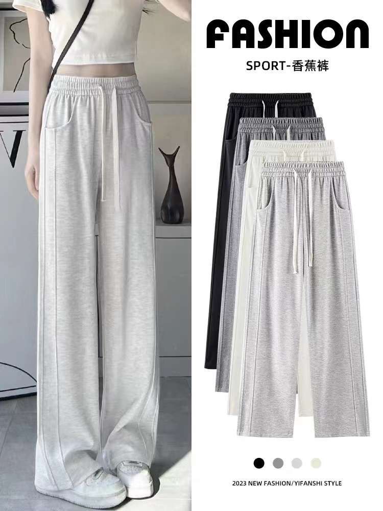 Not a real shot. Sports pants for women. New high-waisted casual sweatpants. Loose straight-leg wide-leg pants.