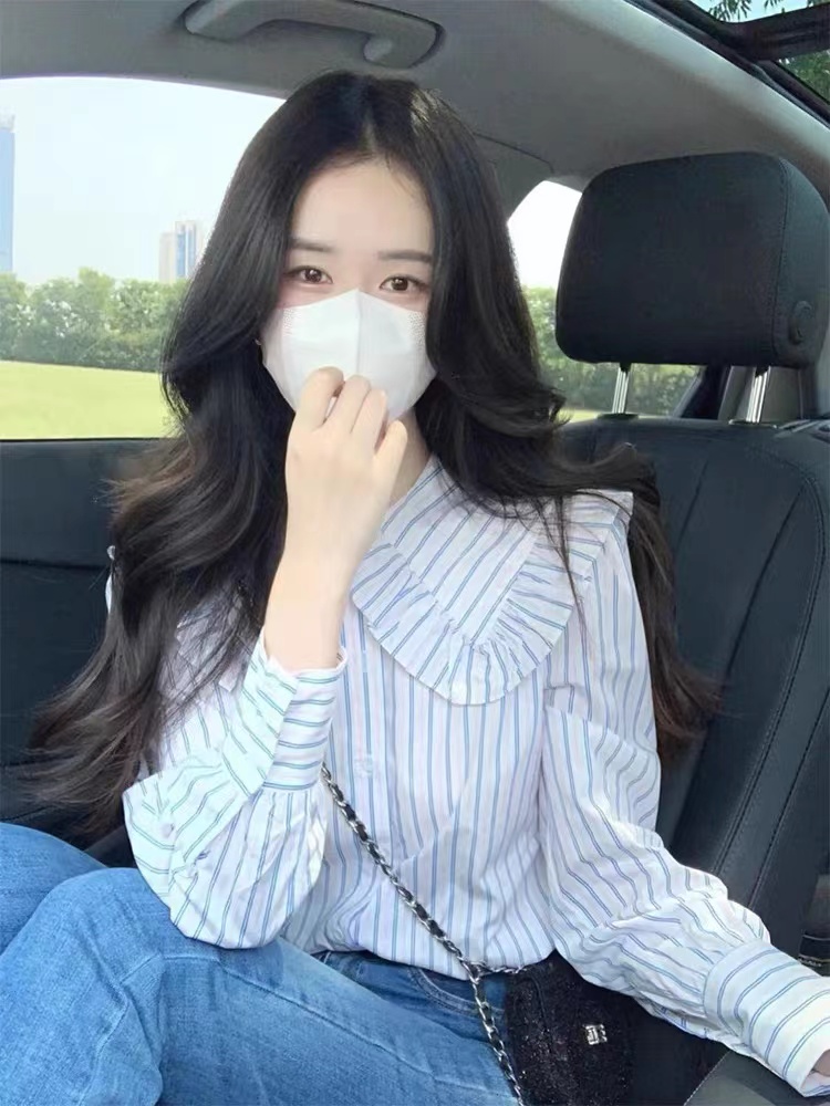 娃娃領條紋長袖襯衫女春秋季設計感小眾襯衣早秋新款法式別致上衣