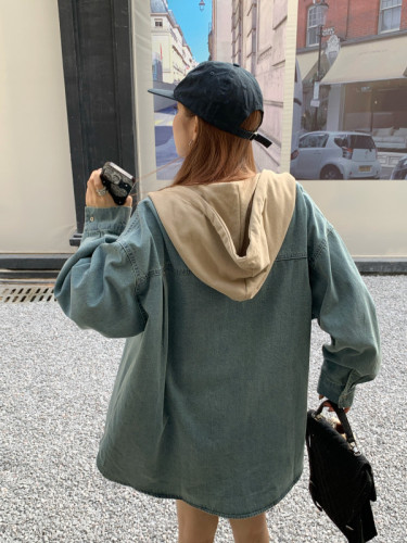 Actual shot of new retro splicing hooded casual simple style niche design brushed denim shirt