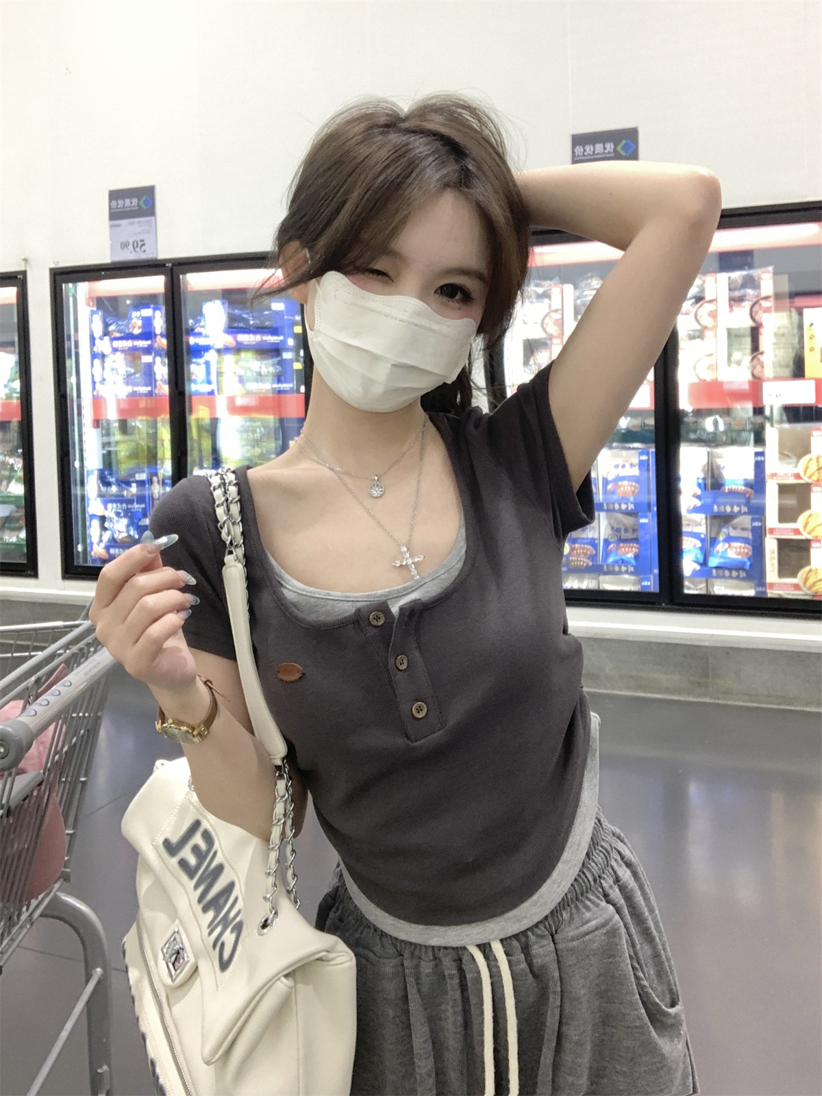 實拍 春夏新款韓版撞色紐扣褶皺小個子設計感純棉短袖上衣T恤