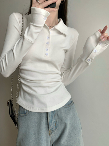 实拍 春季韩版气质修身polo领纽扣设计感纯棉长袖T恤上衣女