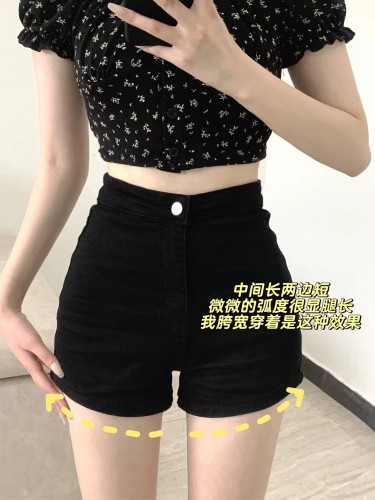 Black shorts women's outer wear bottoming 2024 summer large size high waist hot girl skinny jeans hip-covering super short hot pants