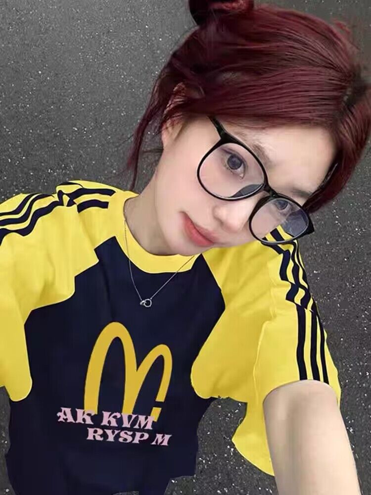 純棉200克21支精梳精密前 印花拼色三條槓落肩短袖t恤女
