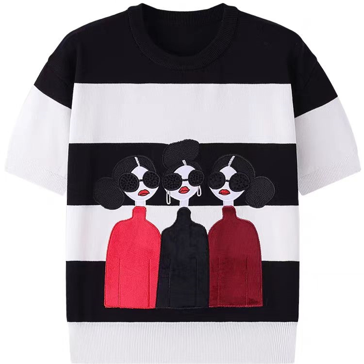 European black and white striped pullover short-sleeved T-shirt for women with niche design Three Sisters embroidery bottoming sweater top