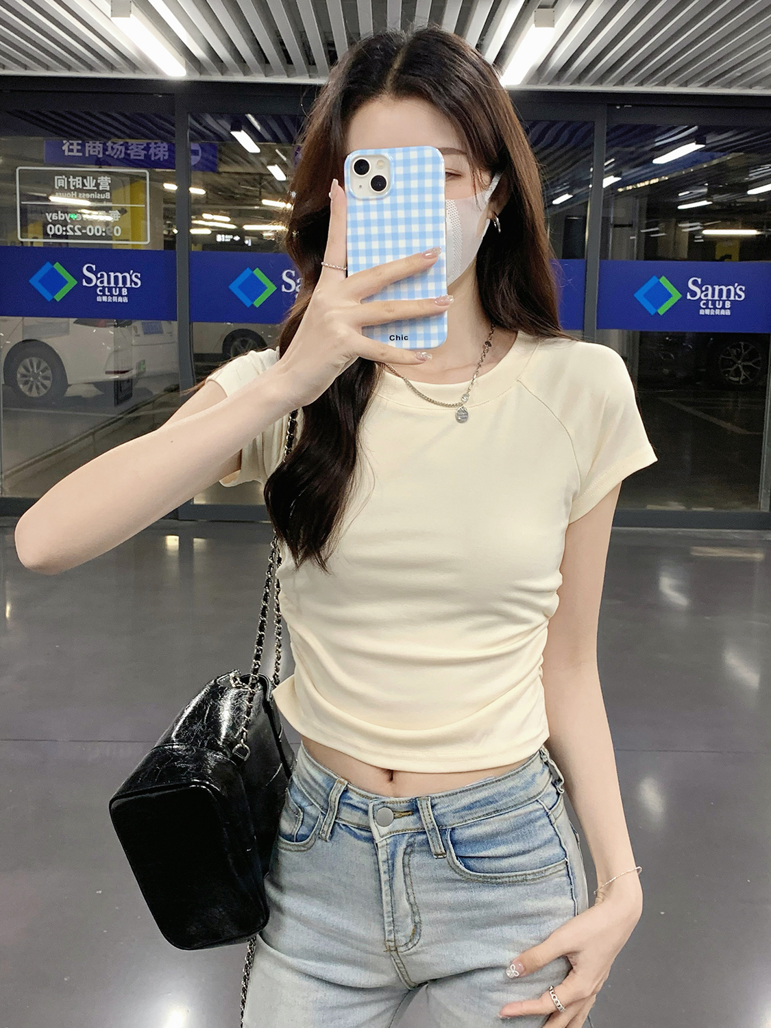 實拍純棉辣妹紫色短袖t恤女夏季修身露背短款上衣
