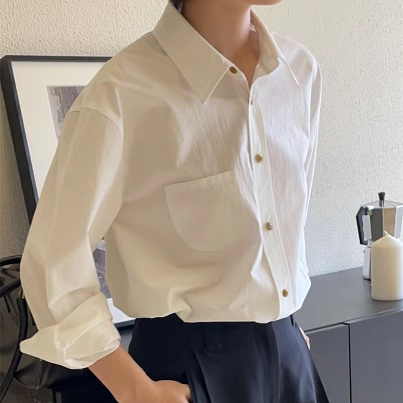 2024春季新款上衣女法式復古白色襯衫寬鬆百搭高級感小眾長袖襯衣